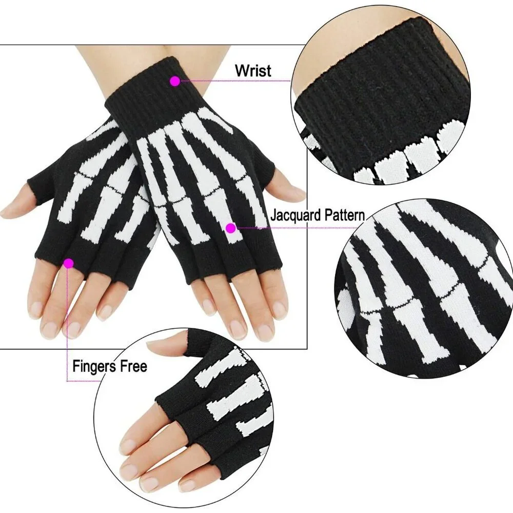 Unisex Skeleton Fingerless Gloves Knit Hand Warmers Soft Warm Fashion